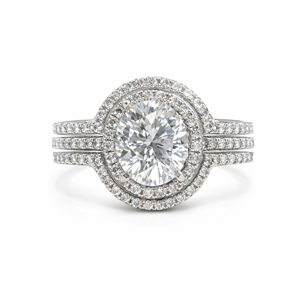 White Gold Cubic Zirconia Halo Ring with Diamond Enhancer 18k, TDW: 1.1ct