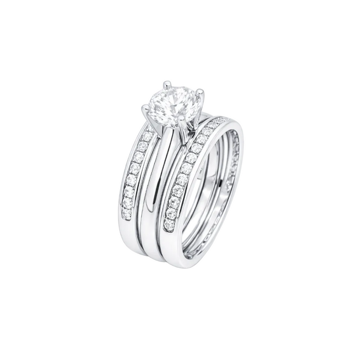 14K White Gold Diamond Solitaire Engagement Ring With Matching Pave Wedding Band