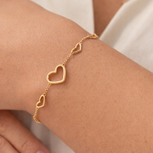 14K Yellow Gold Open Heart Station Link Bracelet
