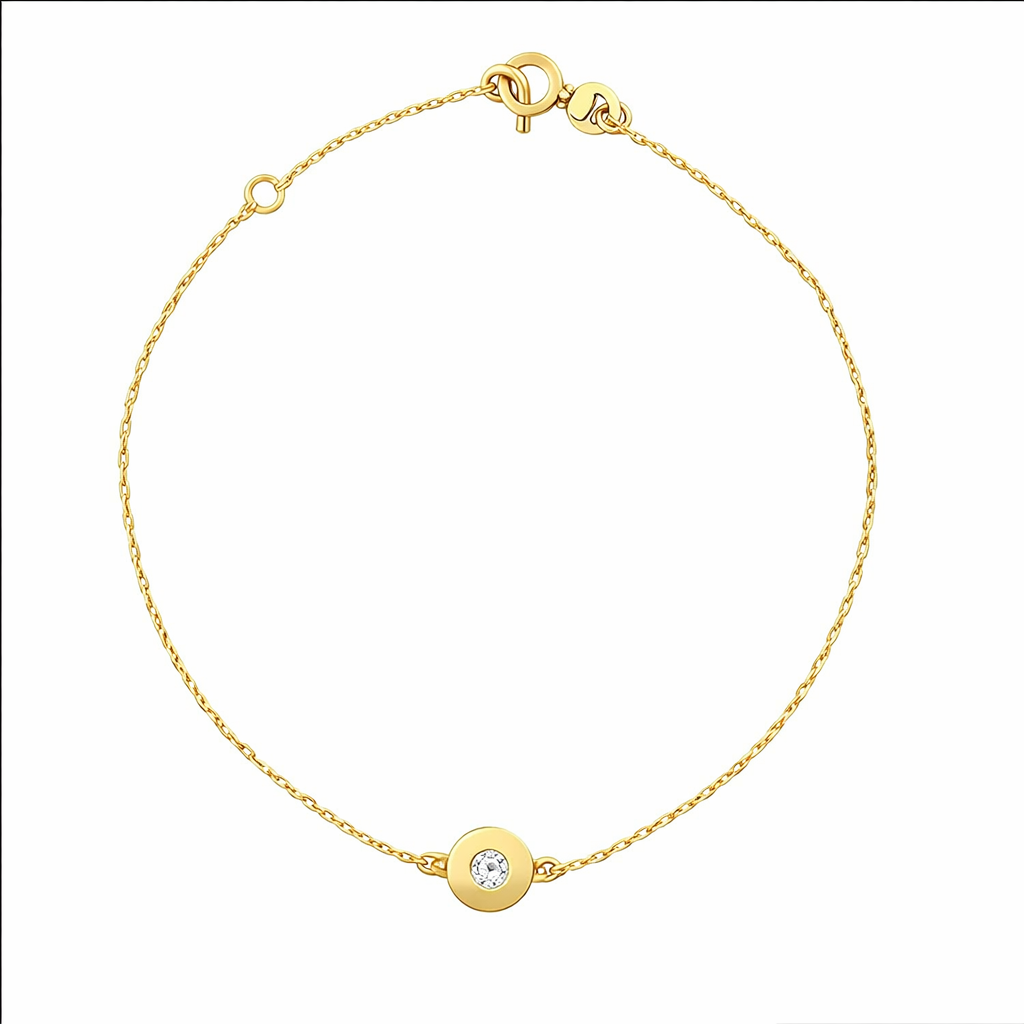 Yellow Gold Bracelet with one Circle setting with Cubic Zirconia, 14k,  6 1/2 to 7 1/2 Inches Adjustable