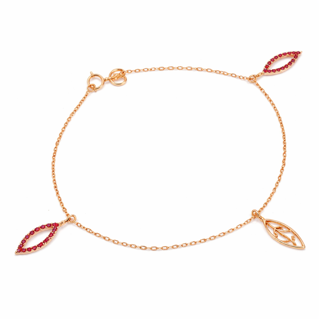 18K Yellow Gold station bracelet with three dangling Leaf 2.14gr 6"