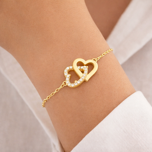 14K Yellow Gold Bracelet With two Hearts and setting with Cubic Zirconia 6 1/2 to 7 1/2" Adjustable