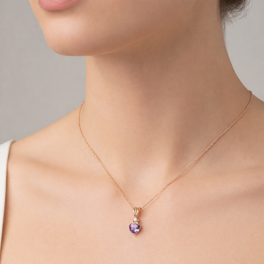 Yellow Gold Pendent with one Heart cut Amethyst and one Diamond, 14k