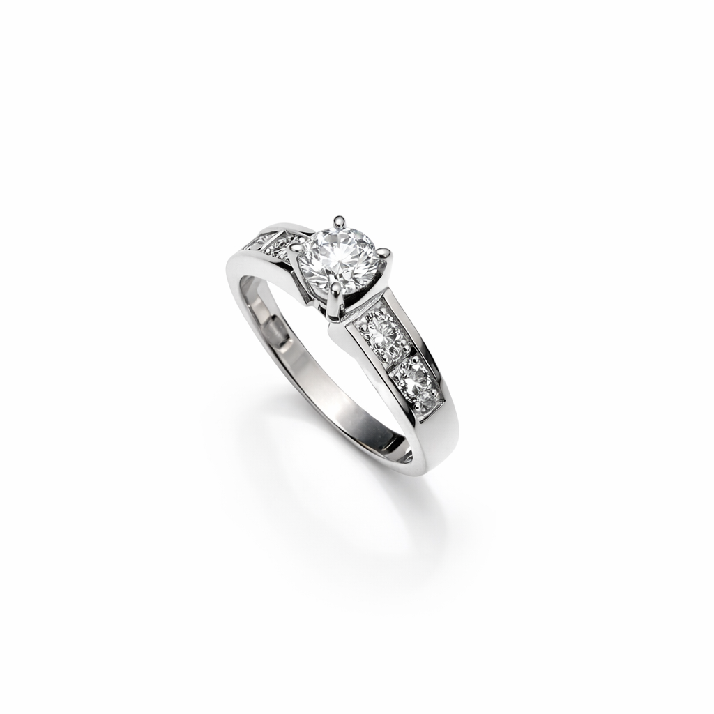 White Gold Solitaire Ring with One Round Diamonds in center and 16 Round Diamonds on Shanks 14k TDW: 0.85ct I2 GH