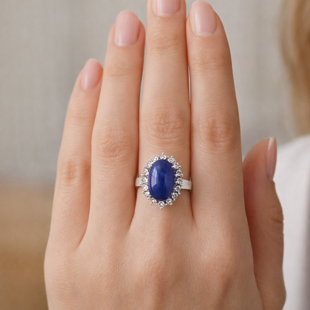 Vintage White Gold Enhanced Moon Sapphire and Diamond Ring. 14k S: 5.3ct TDW: 0.48ct