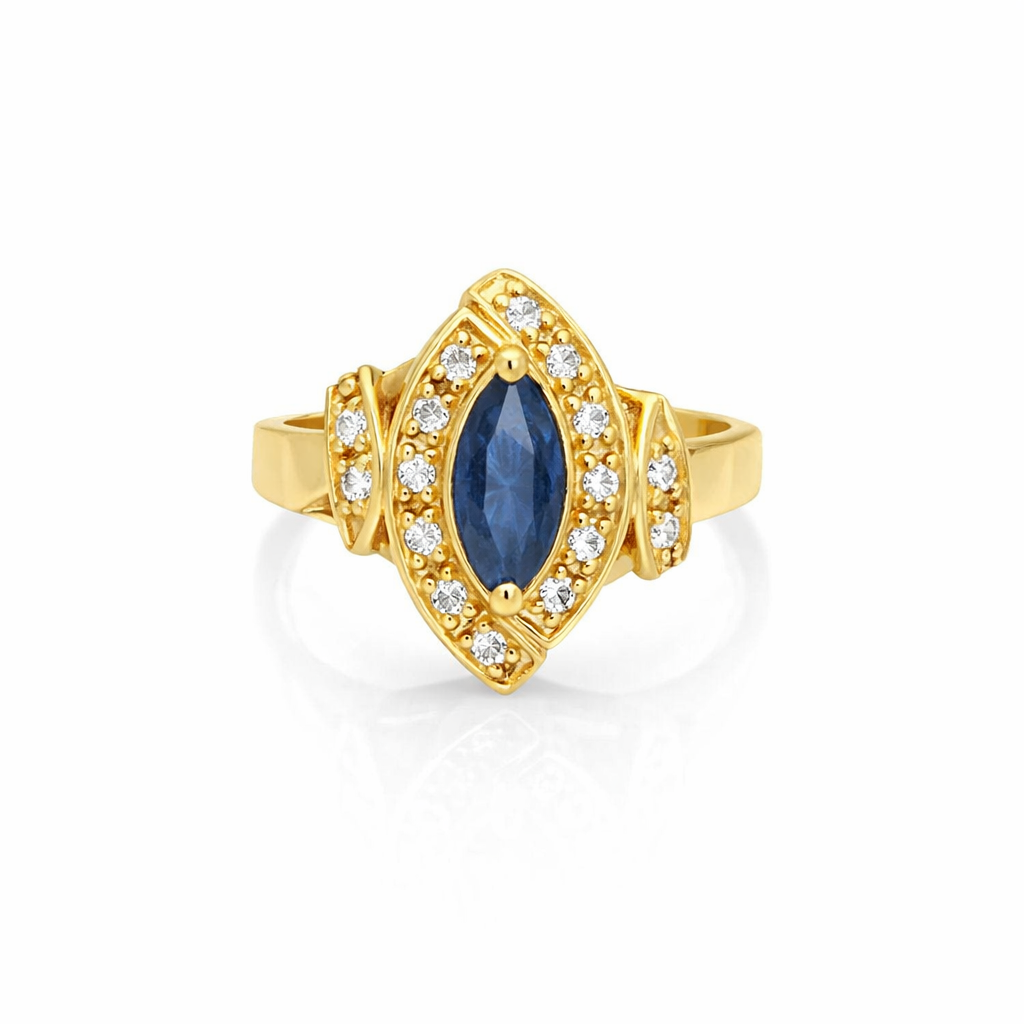 18K Vintage Yellow Gold Marquise Sapphire and Diamond Eye Shaped Ring. S: 0.48ct TDW: 0.13ct