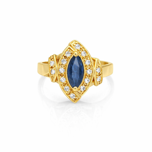 18K Vintage Yellow Gold Marquise Sapphire and Diamond Eye Shaped Ring. S: 0.48ct TDW: 0.13ct