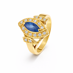 18K Vintage Yellow Gold Marquise Sapphire and Diamond Eye Shaped Ring. S: 0.48ct TDW: 0.13ct