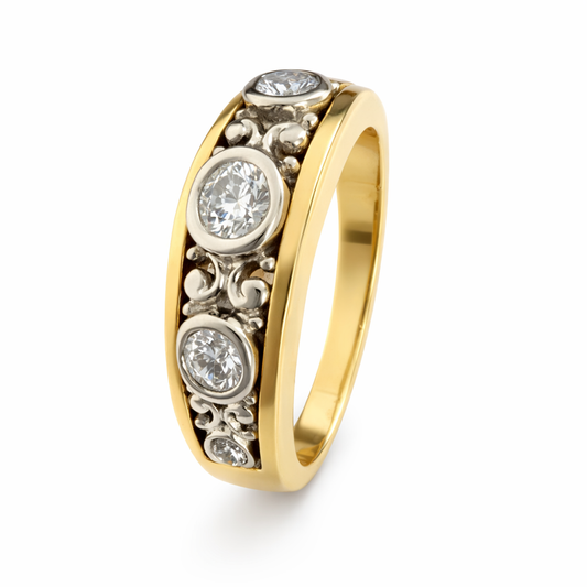 14K Vintage Yellow Gold Victorian Style 5 Diamonds Band. TDW: 0.35ct SI GH