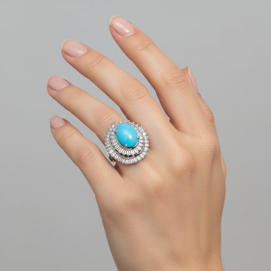 18K Vintage – Style Persian Turquoise CZ Cluster Cocktail Ring T: 1.90ct