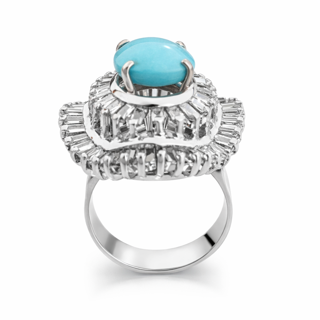 18K Vintage – Style Persian Turquoise CZ Cluster Cocktail Ring T: 1.90ct