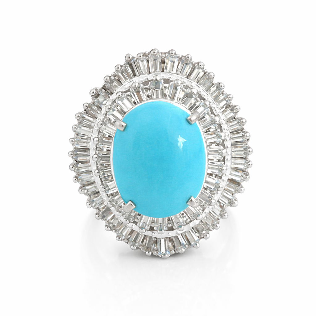 18K Vintage – Style Persian Turquoise CZ Cluster Cocktail Ring T: 1.90ct
