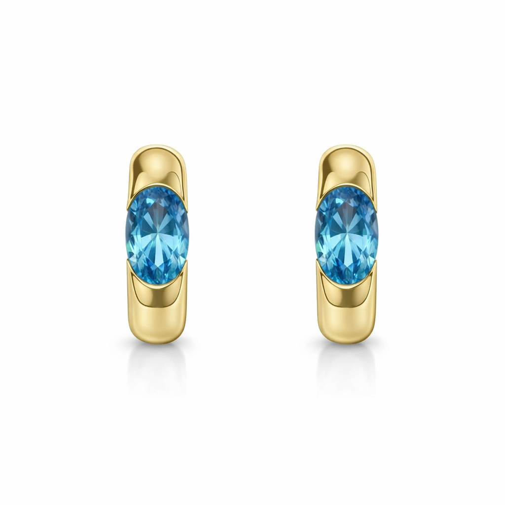10K Yellow Gold Bezel – Set Blue Topaz Half Hoop Stud Earrings
