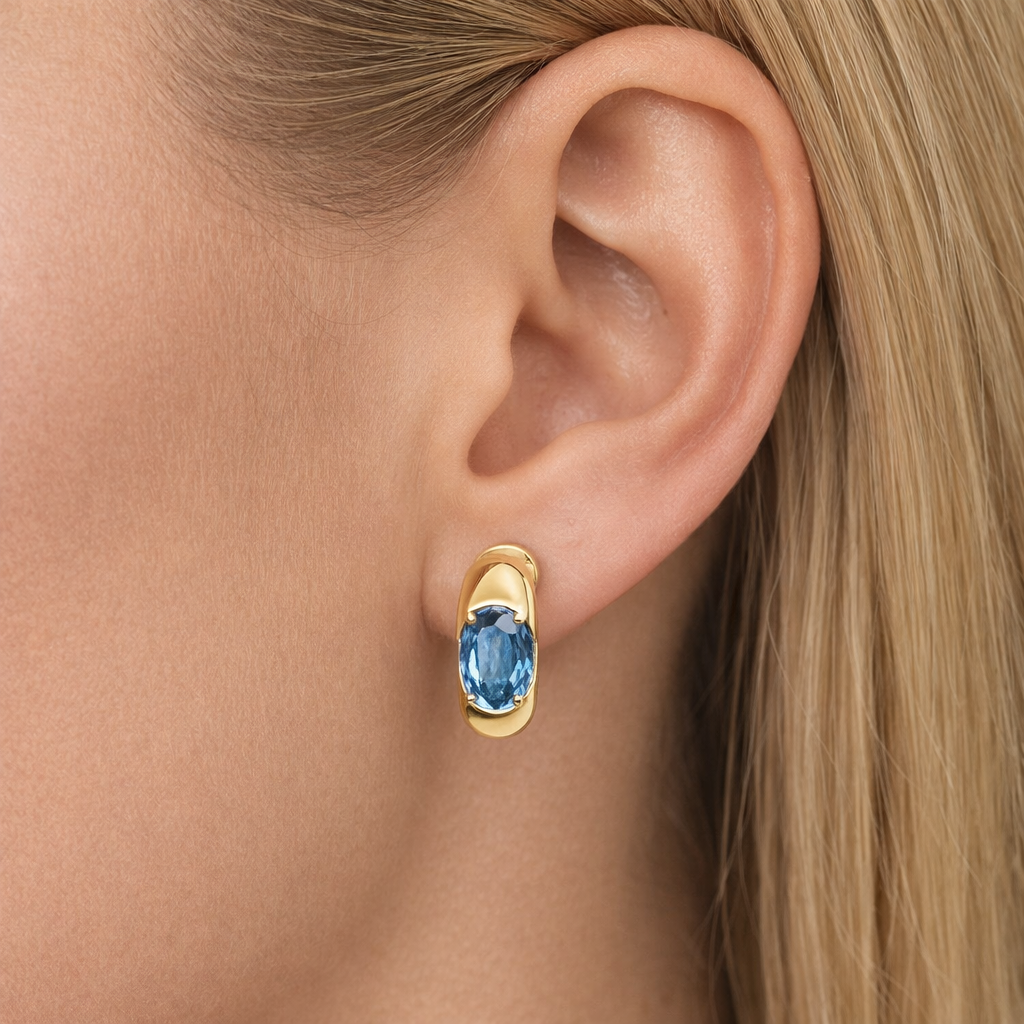 10K Yellow Gold Bezel – Set Blue Topaz Half Hoop Stud Earrings
