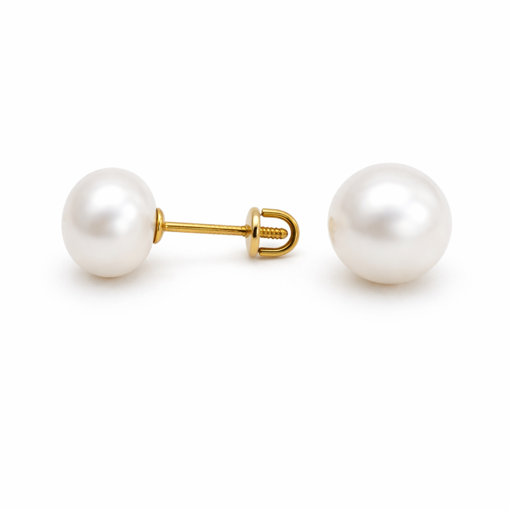 14K Yellow Gold Pearl Stud Earrings with Screw Backs 9mm