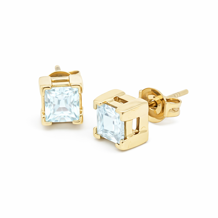 14K Yellow Gold Aquamarine Princess Cut Stud Earrings