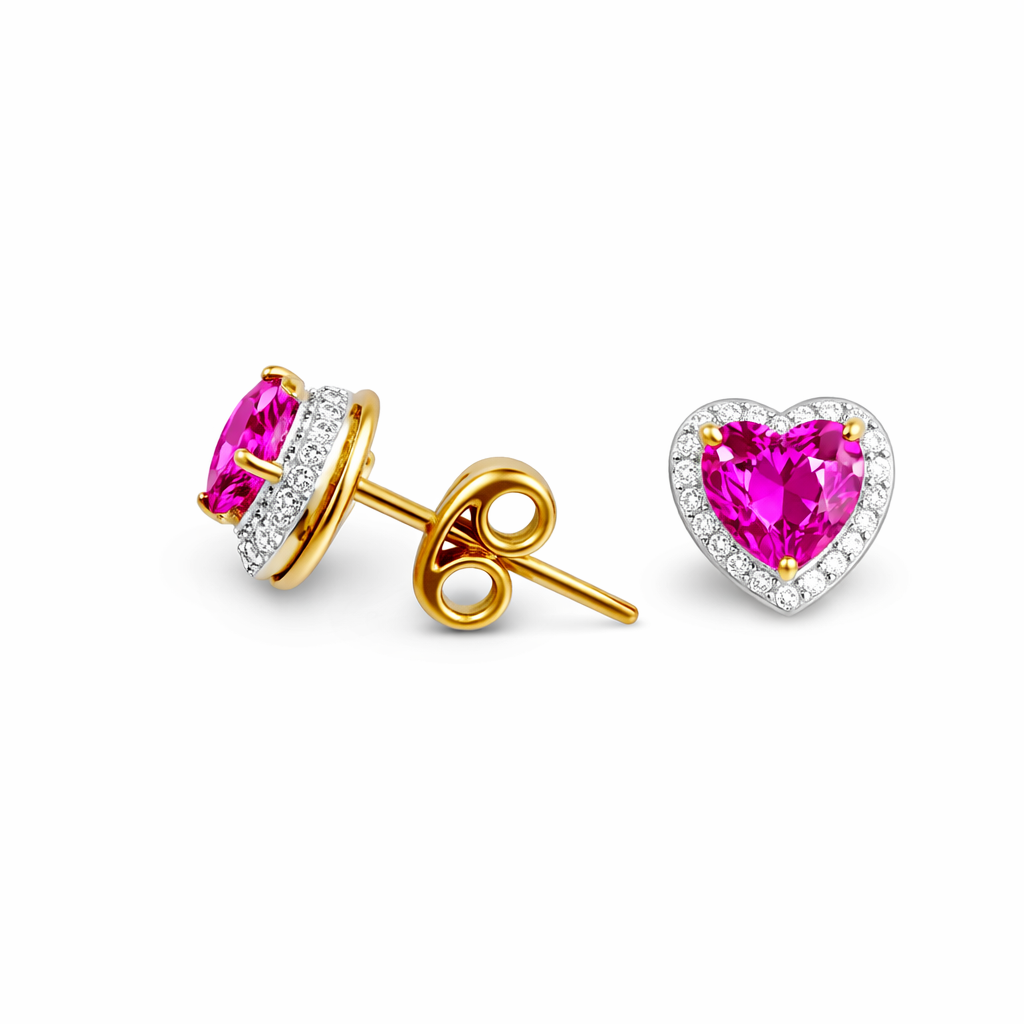 10K Yellow Gold Pink Topaz Heart Shape Stud Earrings