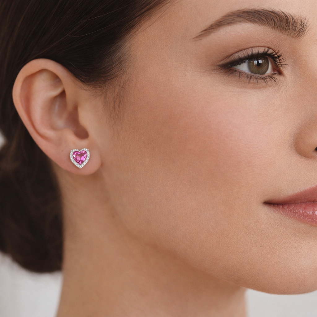 10K Yellow Gold Pink Topaz Heart Shape Stud Earrings