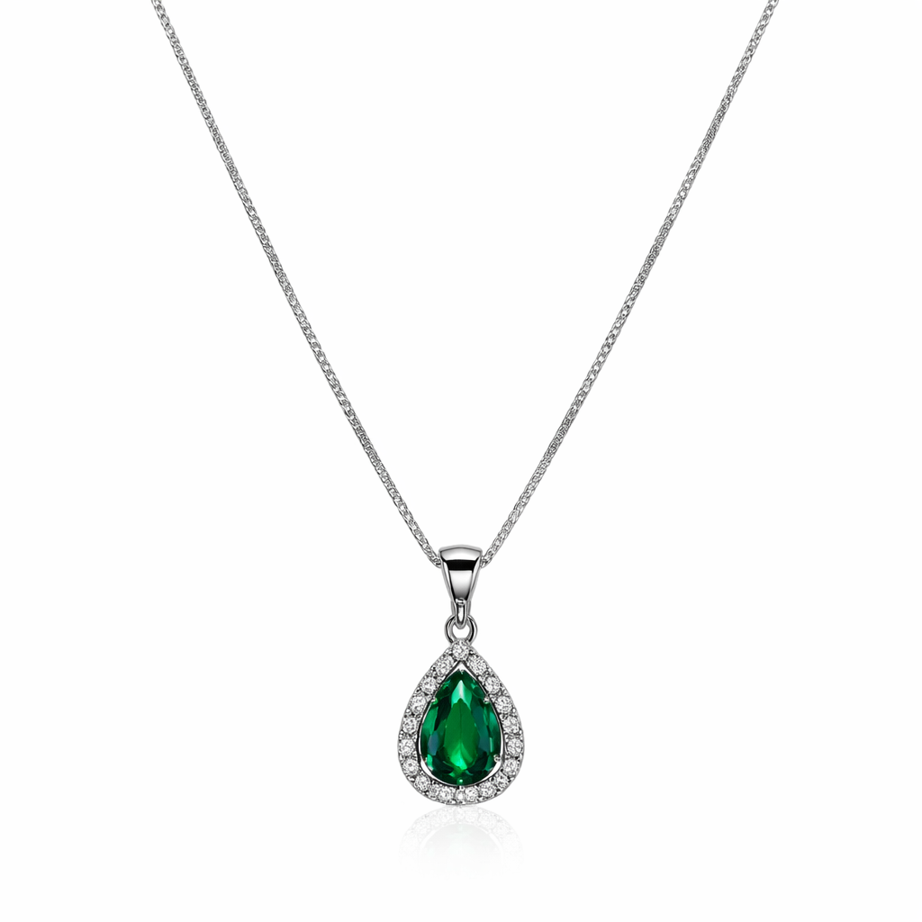 925 Sterling Silver with Green Pear Shape Cut CZ Necklace
