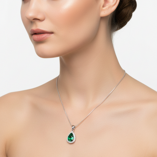 925 Sterling Silver with Green Pear Shape Cut CZ Necklace