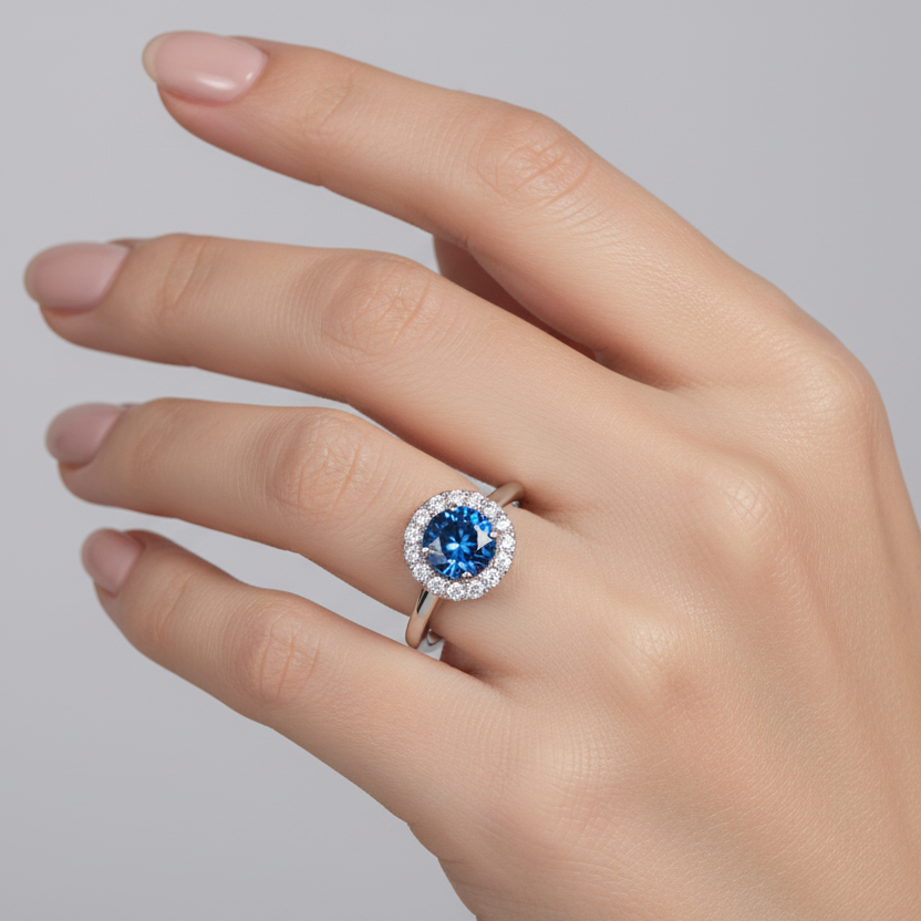 Sterling Silver with Round Cut Blue Cubic Zirconia Ring