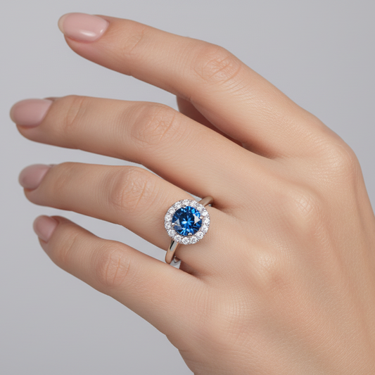 Sterling Silver with Round Cut Blue Cubic Zirconia Ring