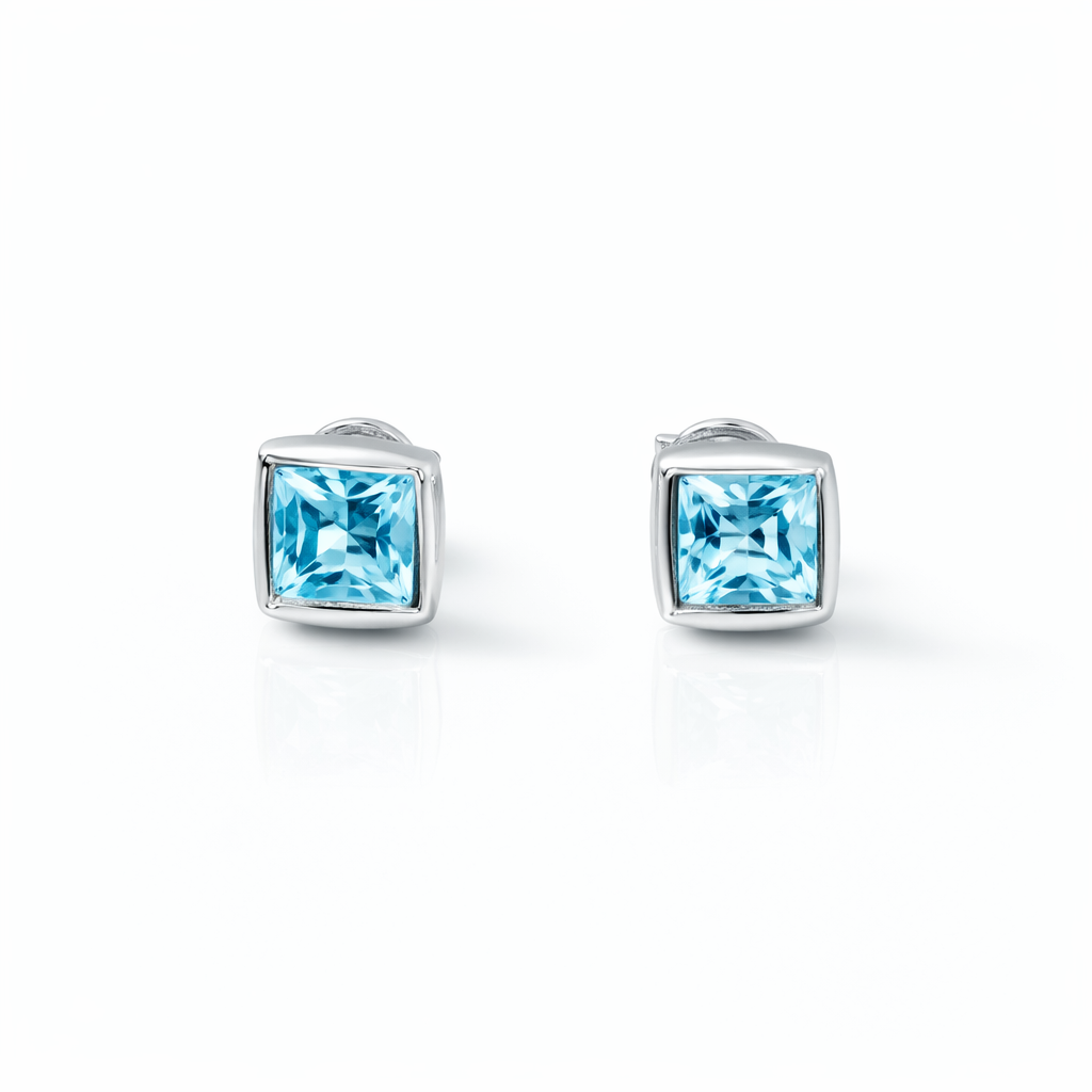 925 Sterling Silver with Blue Princess Cut Cubic Zirconia Stud Earrings