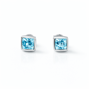 925 Sterling Silver with Blue Princess Cut Cubic Zirconia Stud Earrings