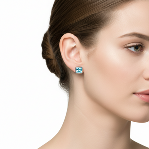 925 Sterling Silver with Blue Princess Cut Cubic Zirconia Stud Earrings