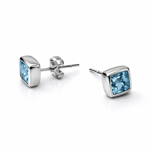 925 Sterling Silver with Blue Princess Cut Cubic Zirconia Stud Earrings