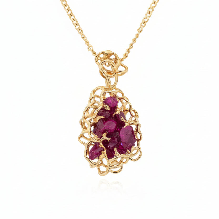 14K Handcrafted Yellow Gold Natural Ruby Organic Cluster Pendant
