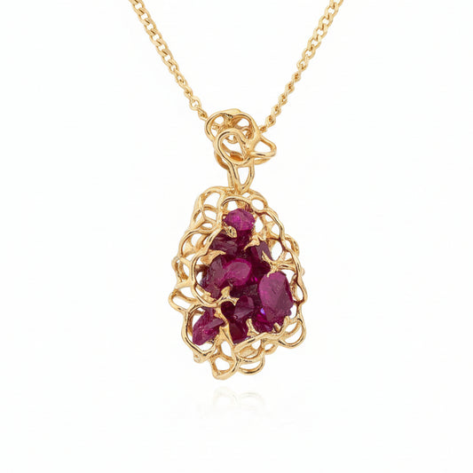 Handcrafted Yellow Gold Natural Ruby Organic Cluster Pendant. 14k Total Ruby Weight: 4.6ct