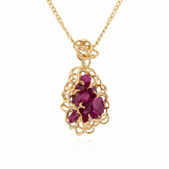 14K Yellow Gold Handcrafted  Natural Ruby Organic Cluster Pendant