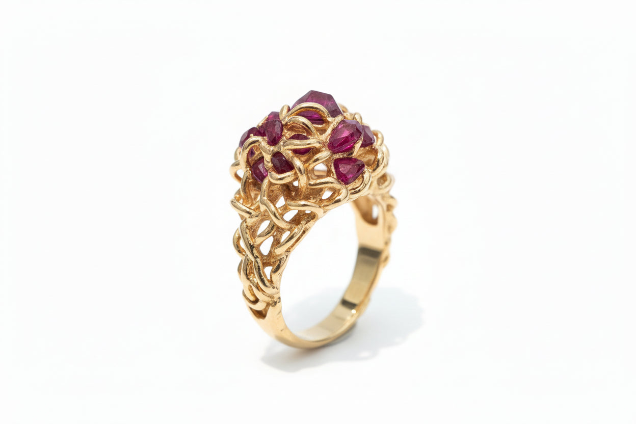 Handcrafted Yellow Gold Natural Ruby Organic Cluster Ring. 14k, Total Ruby Weight: 3.15ct