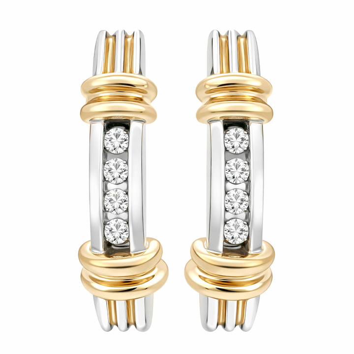 14K Two Tone White and Yellow Gold Lever Back Diamond Earrings