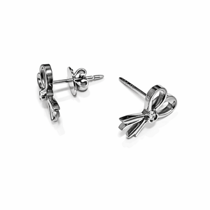 14K Bow Style White Gold Earrings Setting with One Diamond TDW:0.07ct VS GH