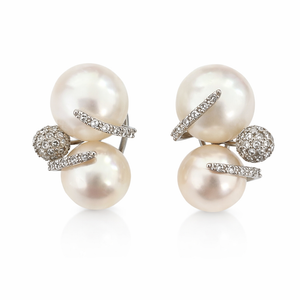 White Gold Double Pearl Diamond Clip Earrings 14k