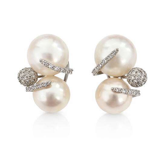 White Gold Double Pearl Diamond Clip Earrings 14k