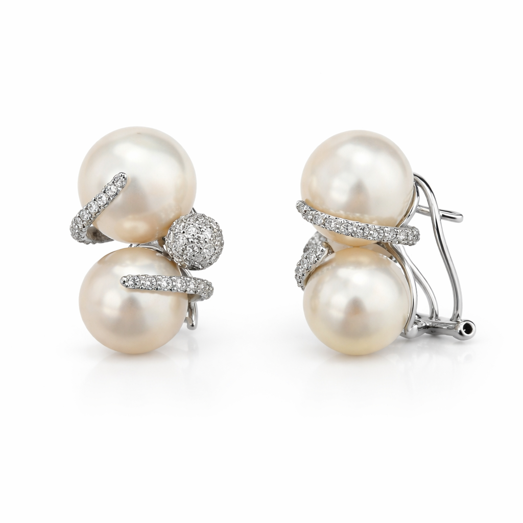White Gold Double Pearl Diamond Clip Earrings 14k