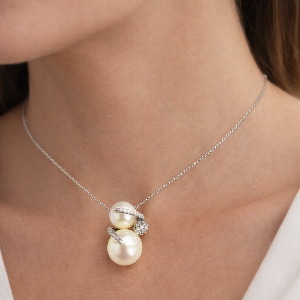 White Gold Pearl and Diamond Bypass Pendant 14k