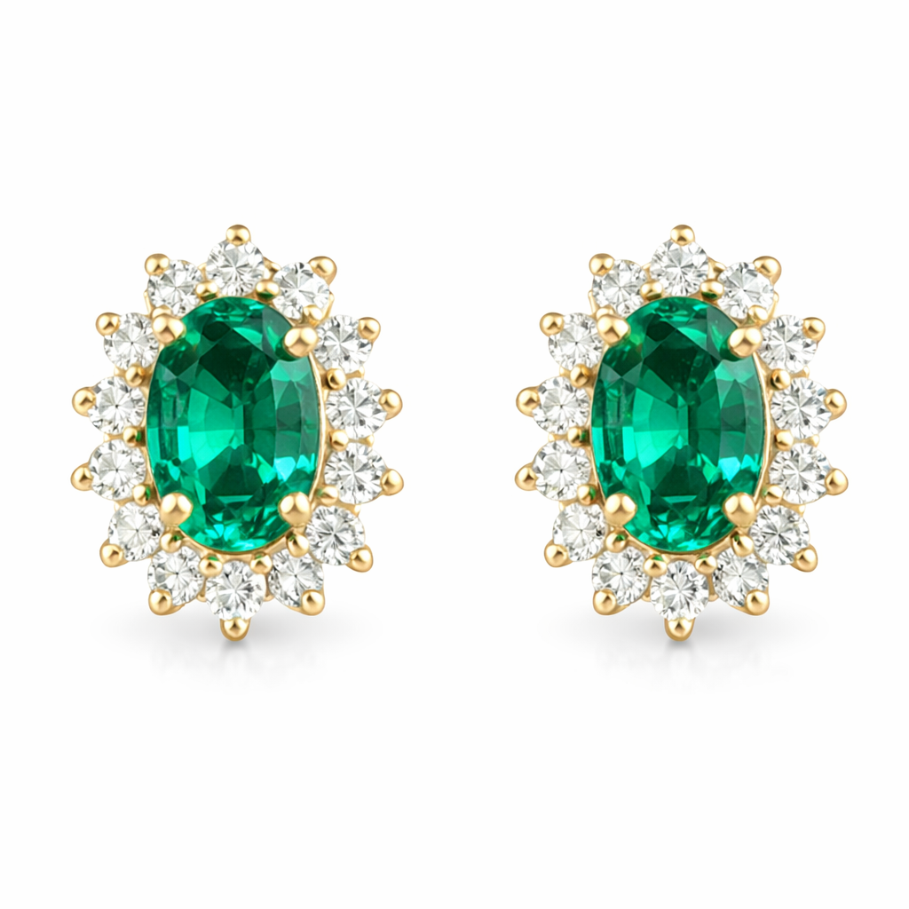 14K Yellow Gold Oval Green CZ and Diamond Halo Stud Earrings TDW: 0.48ct SI GH