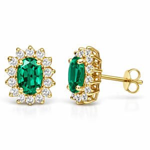 14K Yellow Gold Oval Green CZ and Diamond Halo Stud Earrings TDW: 0.48ct SI GH