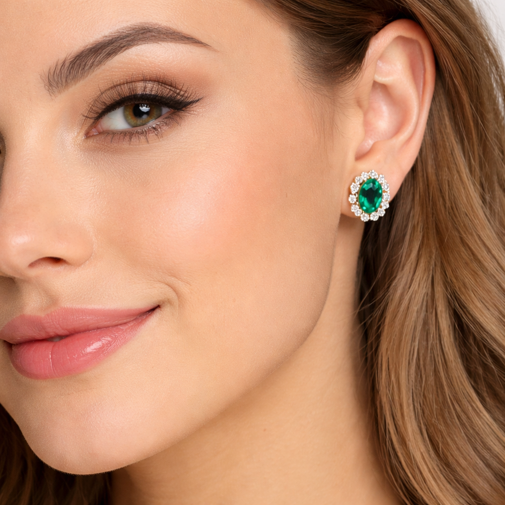 14K Yellow Gold Oval Green CZ and Diamond Halo Stud Earrings TDW: 0.48ct SI GH