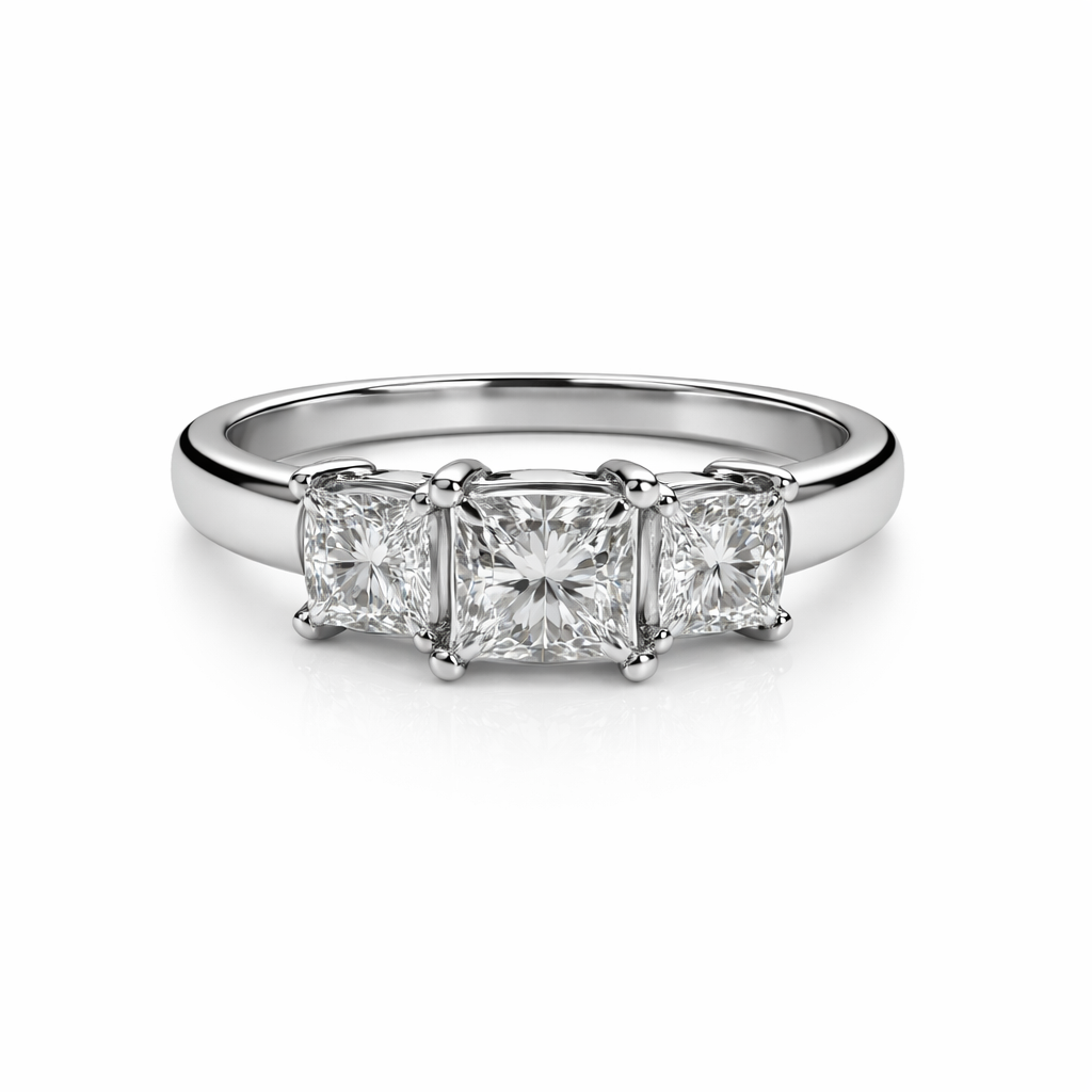 14K White Gold 3 – Stone Princess Cut Diamond Ring TDW: 1.10ct VS2 H