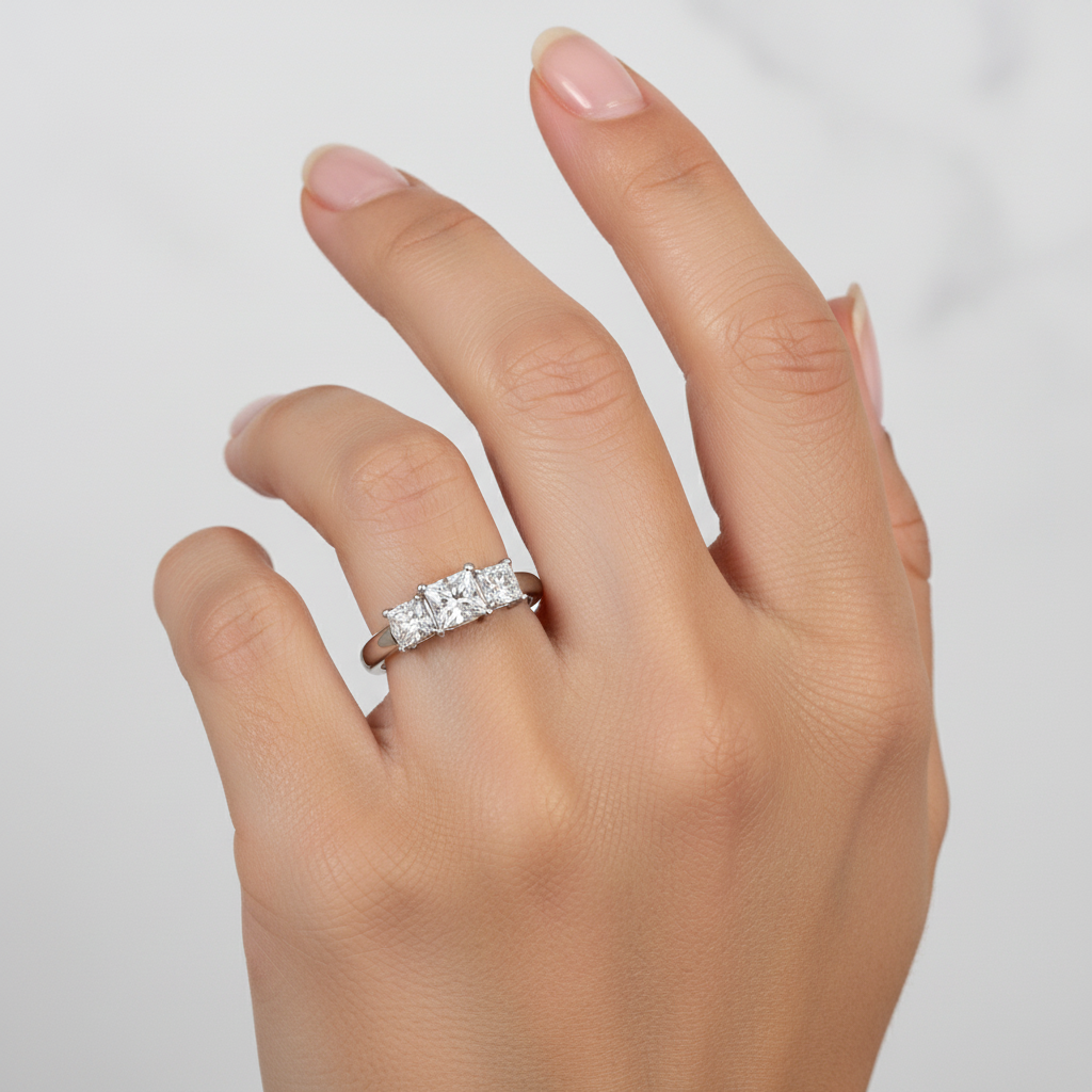 14K White Gold 3 – Stone Princess Cut Diamond Ring TDW: 1.10ct VS2 H