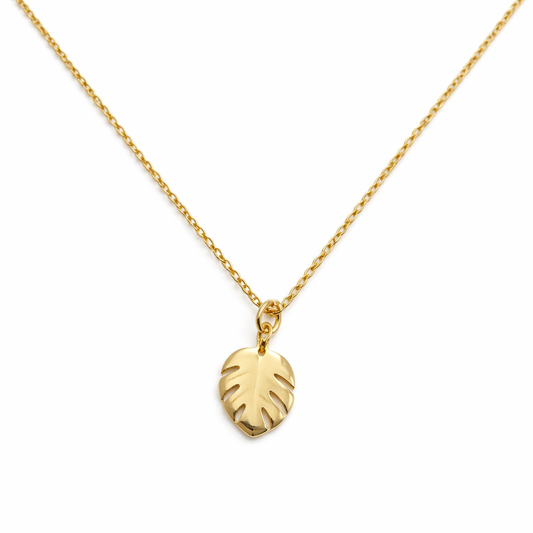 18K Yellow Gold Minimalist Monstera Leaf Pendant Necklace 18"