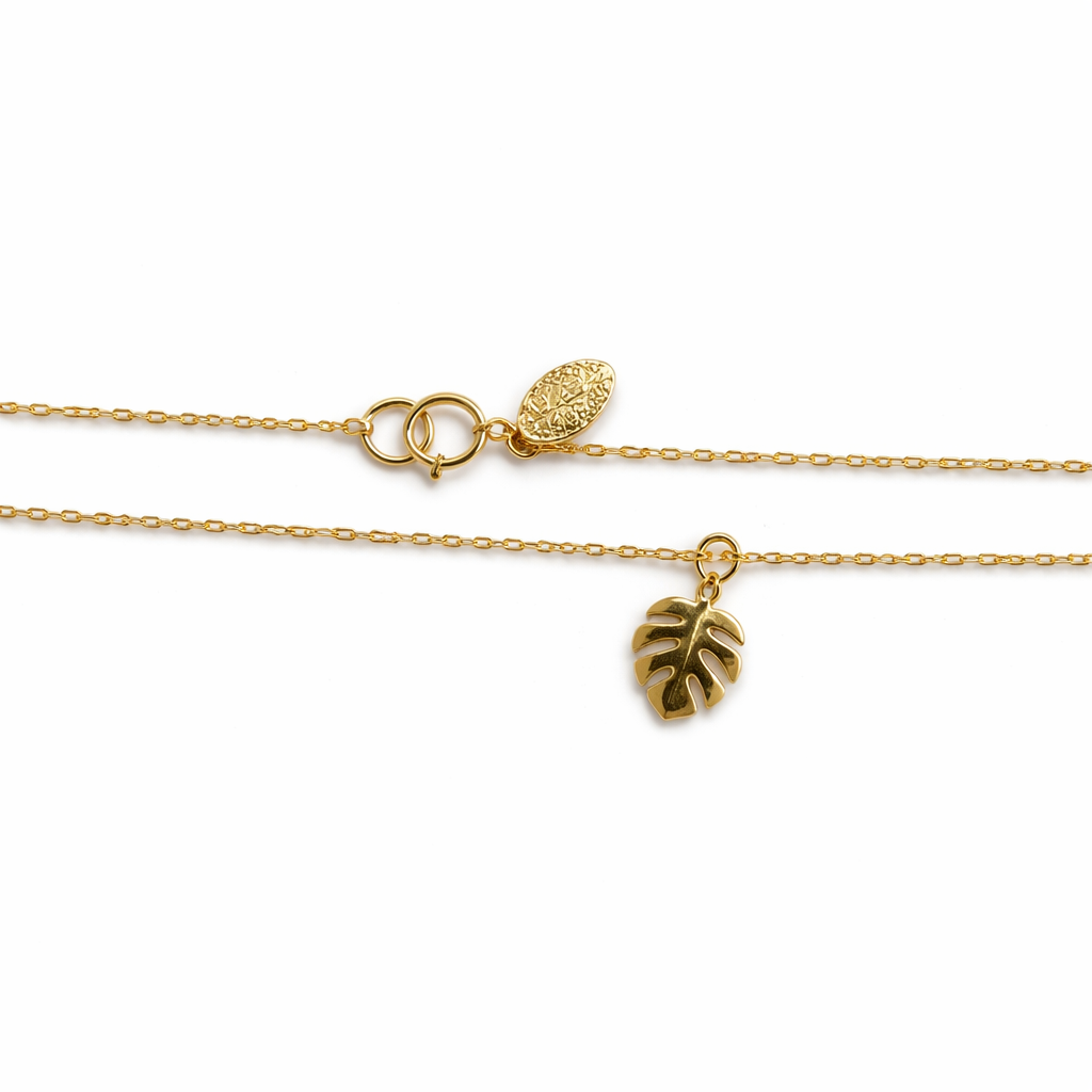 18K Yellow Gold Minimalist Monstera Leaf Pendant Necklace 18"