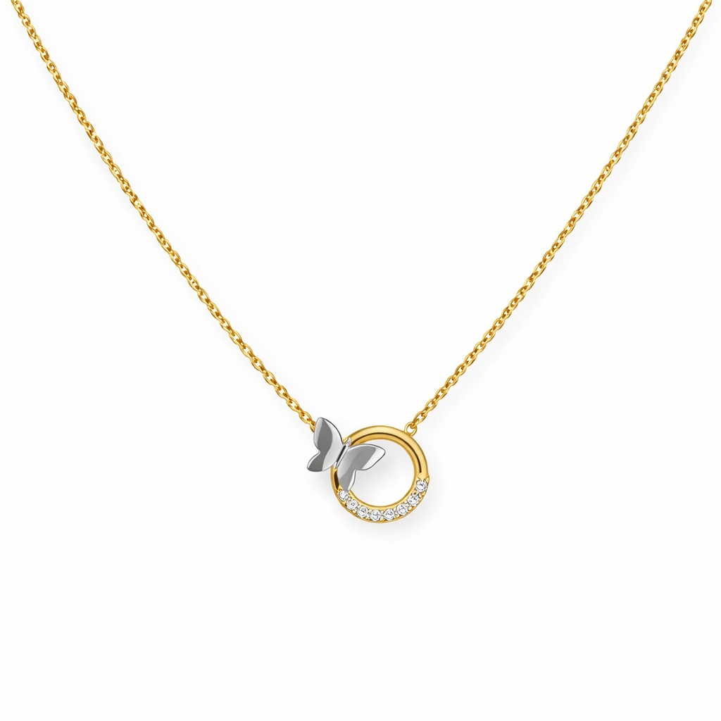 14K Two – Tone Gold Butterfly CZ Circle Pendant Necklace 16 – 17"