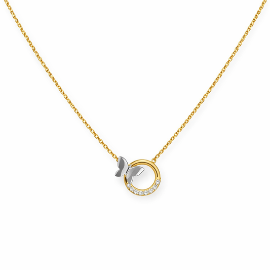 14K Two – Tone Gold Butterfly CZ Circle Pendant Necklace 16 – 17"