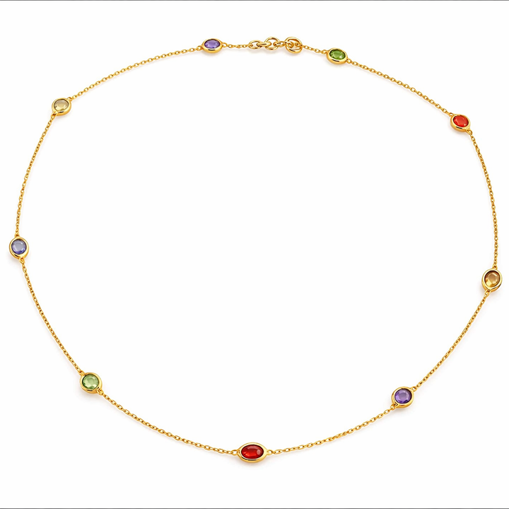 18K Yellow Gold Multi – Gemstone Station Necklace